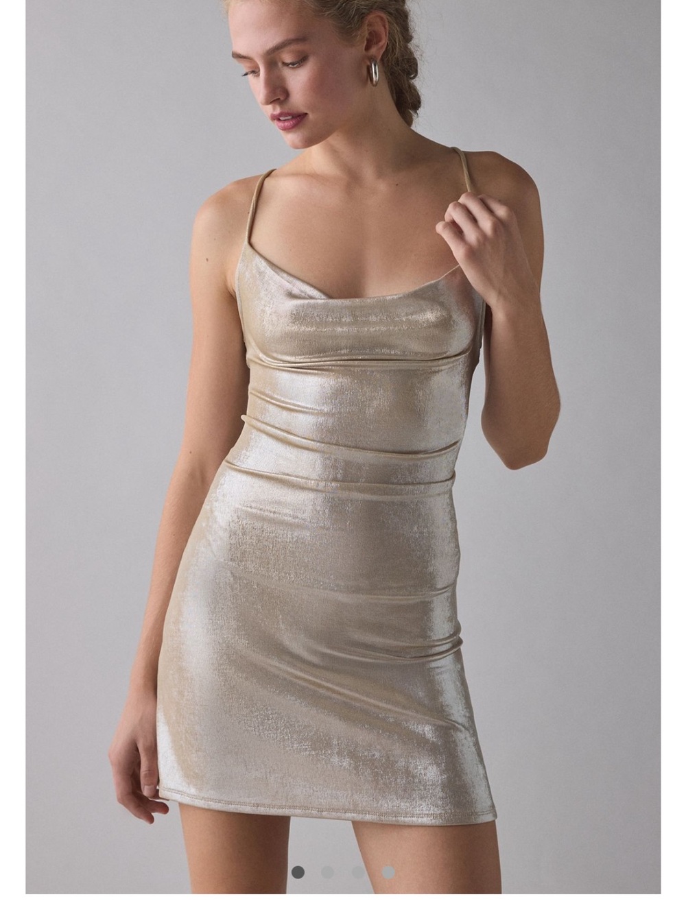 Urban Outfitters Melody Metallic Cowl Neck Strappy Back Mini Dress - Taupe Sz.S - Picture 2 of 4